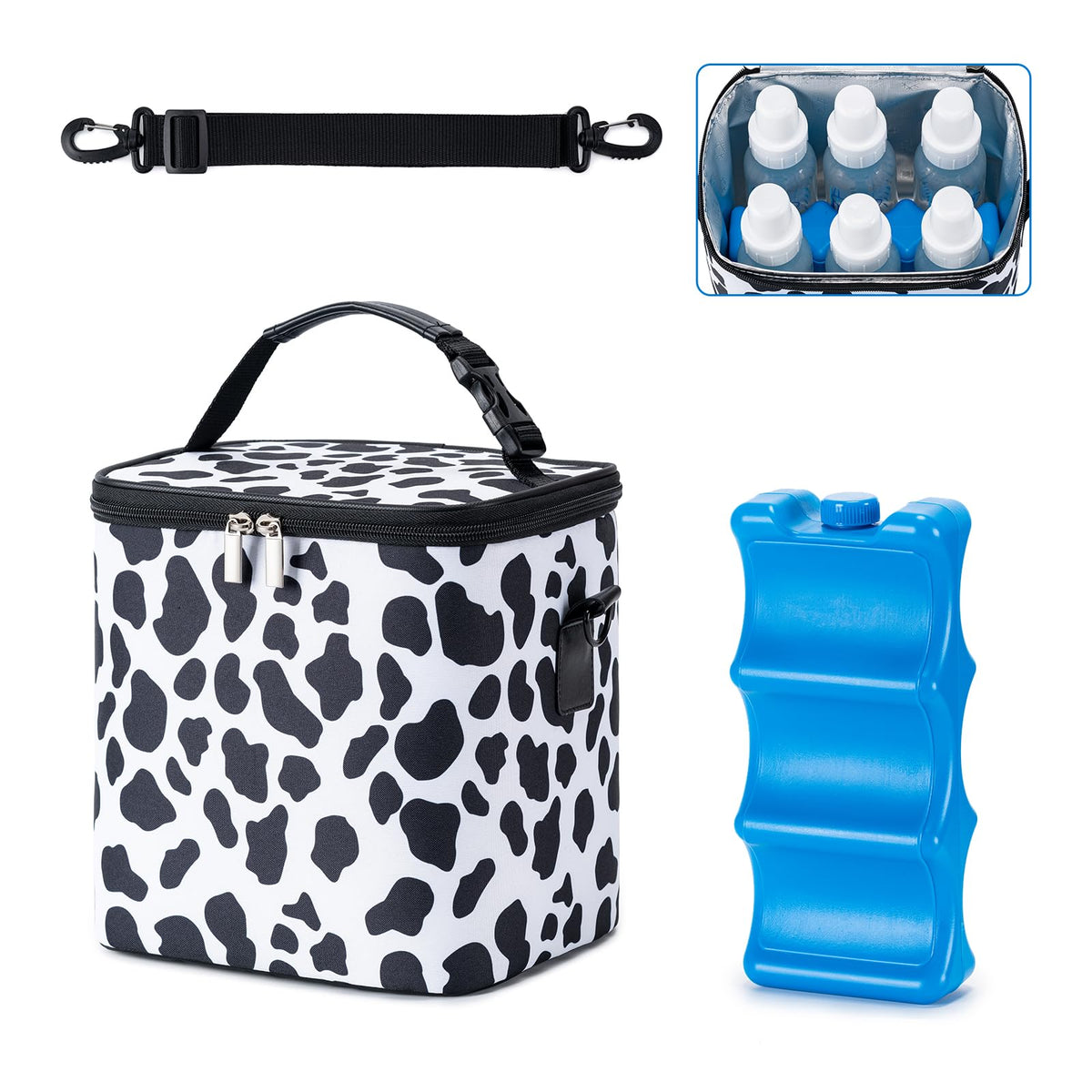 BABEYER Breastmilk Cooler Bag interior shows six 9-ounce bottles organized with an ice pack for daycare.
