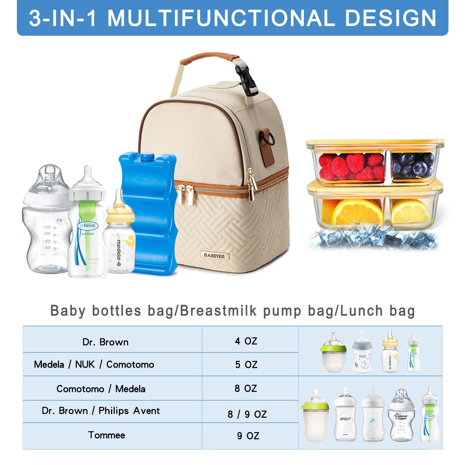 BABEYER breastmilk cooler bag side compartment demonstrates organized storage for pumps and bottles