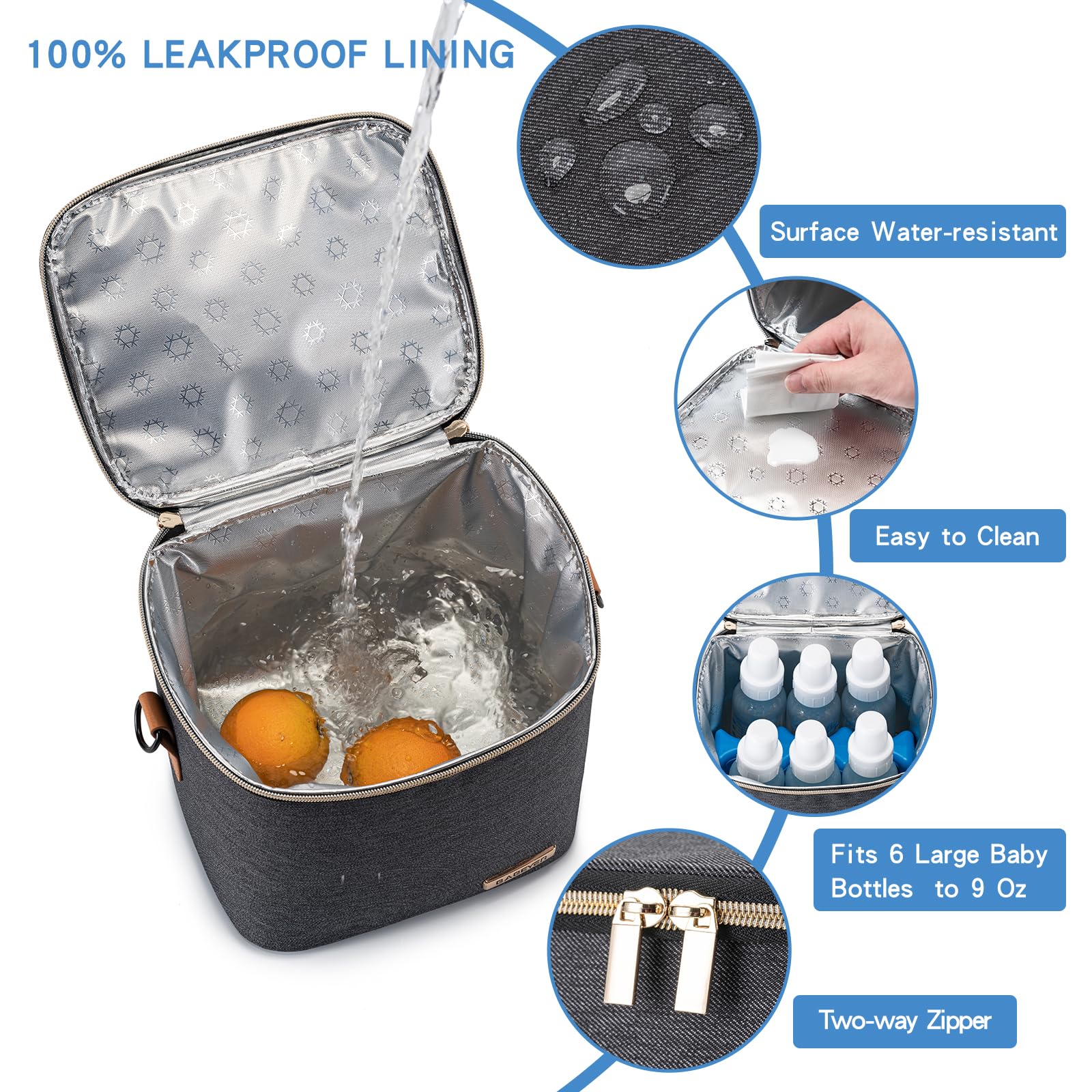 BABEYER cooler bag attached to a stroller with detachable top handle for easy on-the-go use.