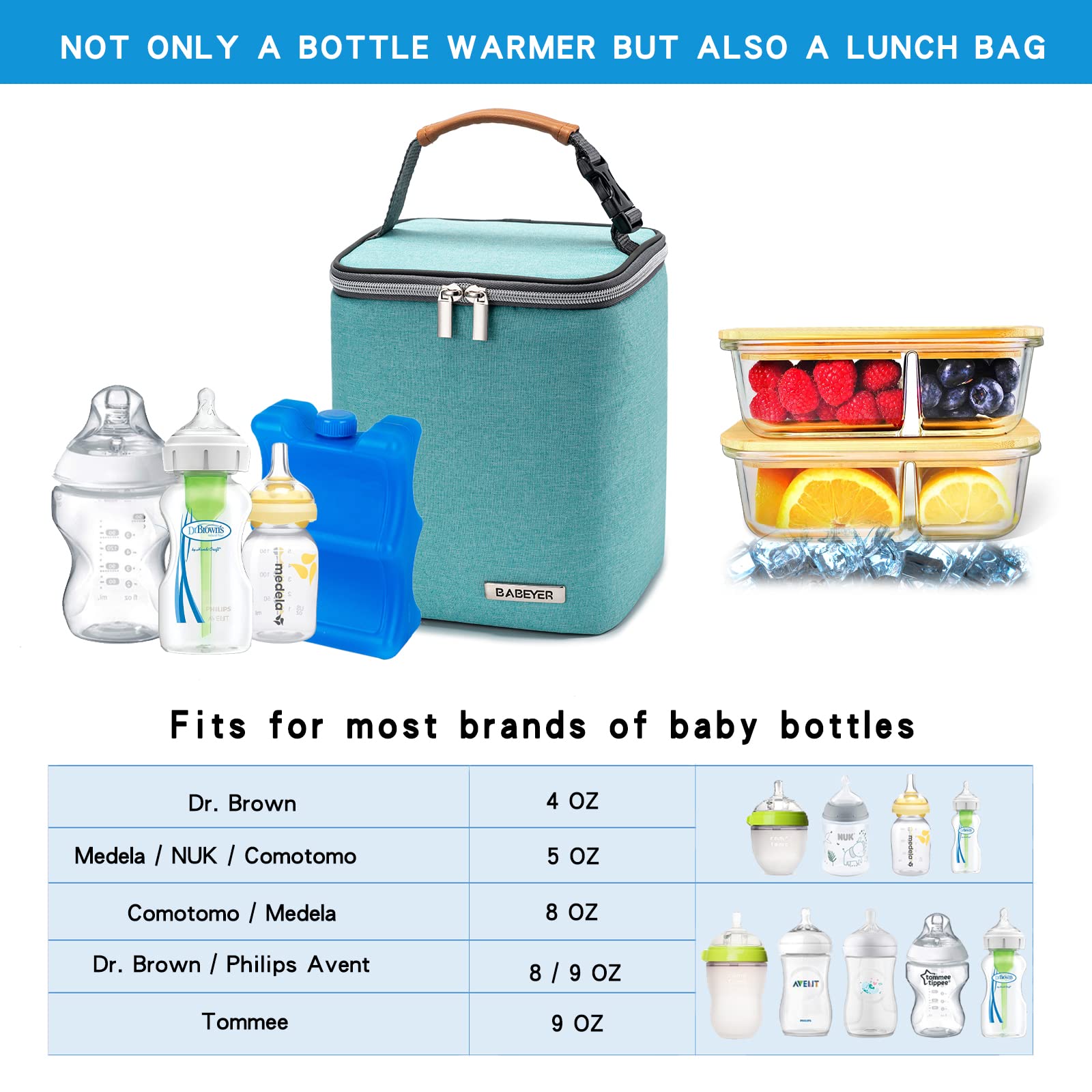 Babeyer cooler bag detachable top handle designed for easy stroller attachment.
