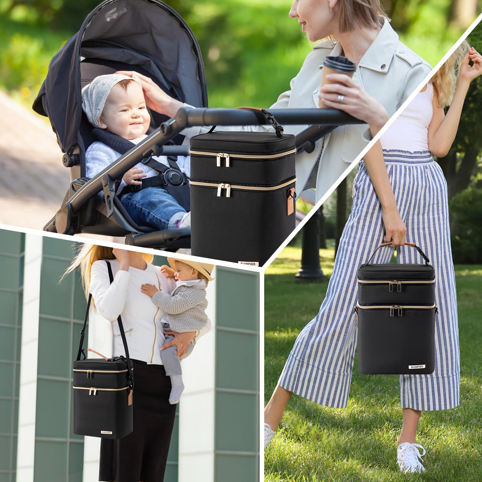 BABEYER breastmilk cooler bag in sleek black fits busy mom lifestyle.