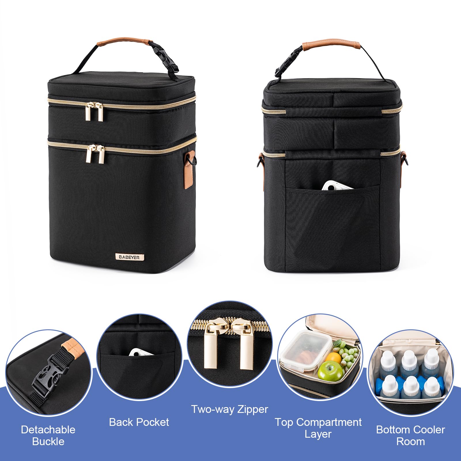 BABEYER breastmilk cooler bag waterproof lining preventing leaks during travel.