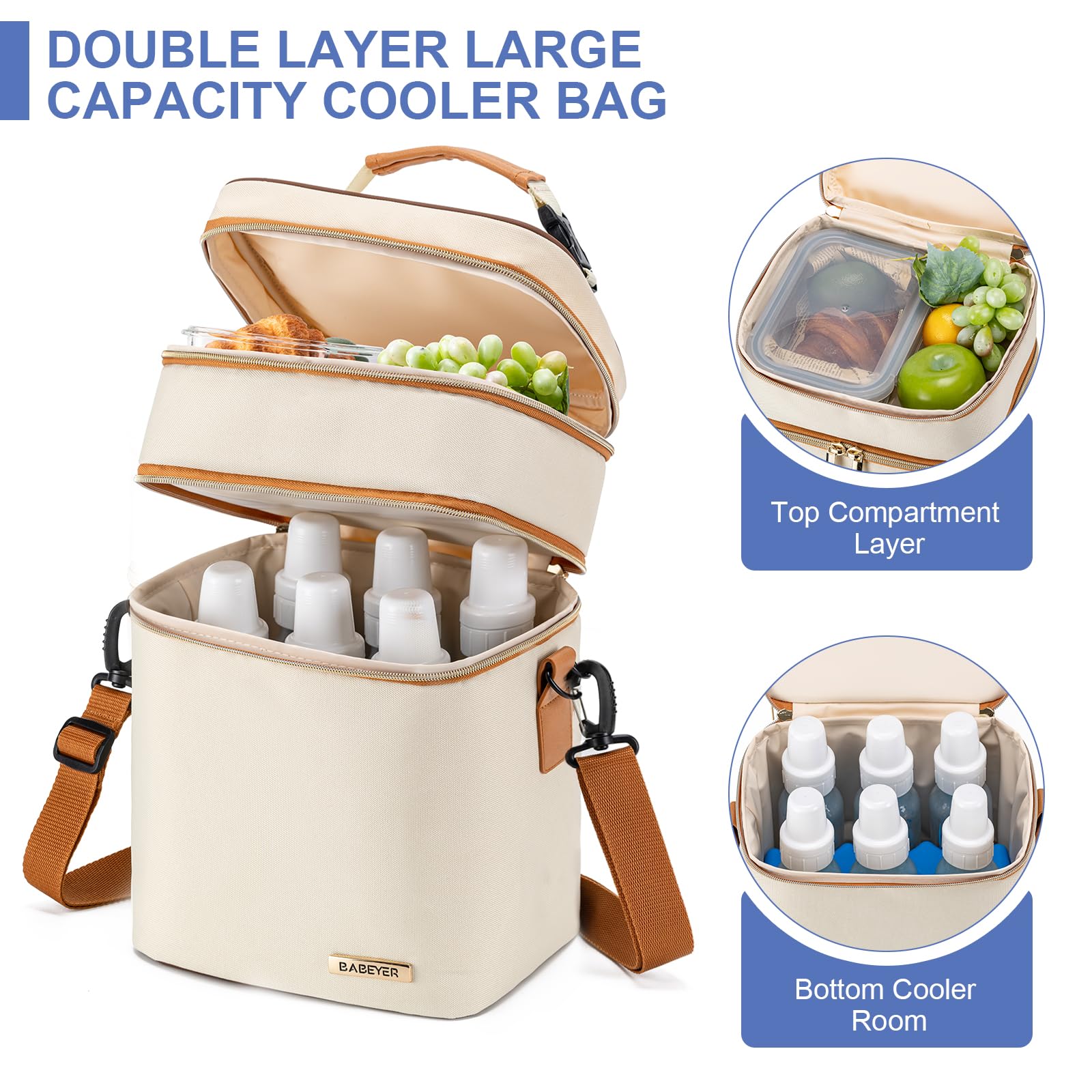 BABEYER breastmilk cooler bag upper layer organizes snacks and containers.