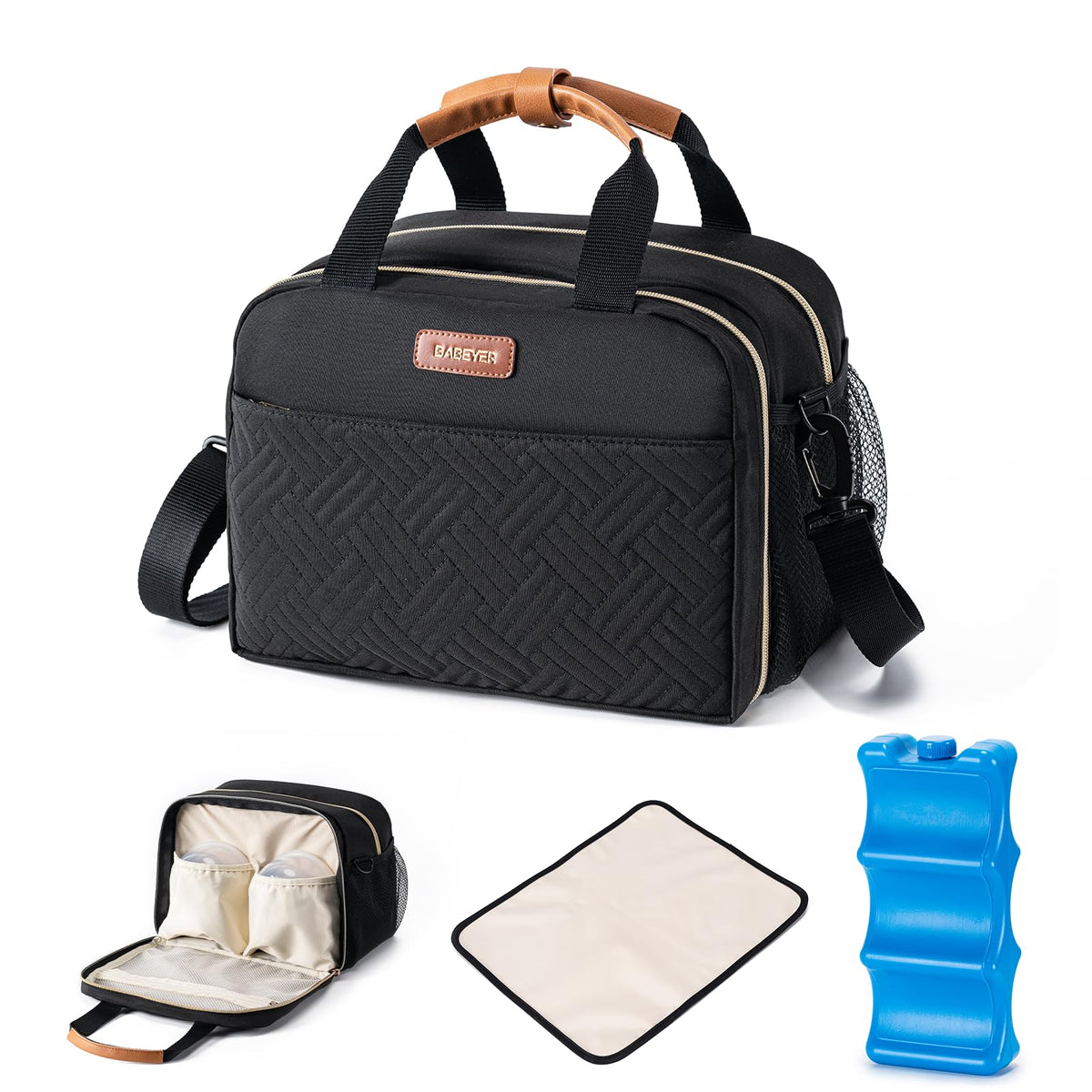 BABEYER breastmilk cooler bag interior view shows six 9oz bottle capacity for travel.