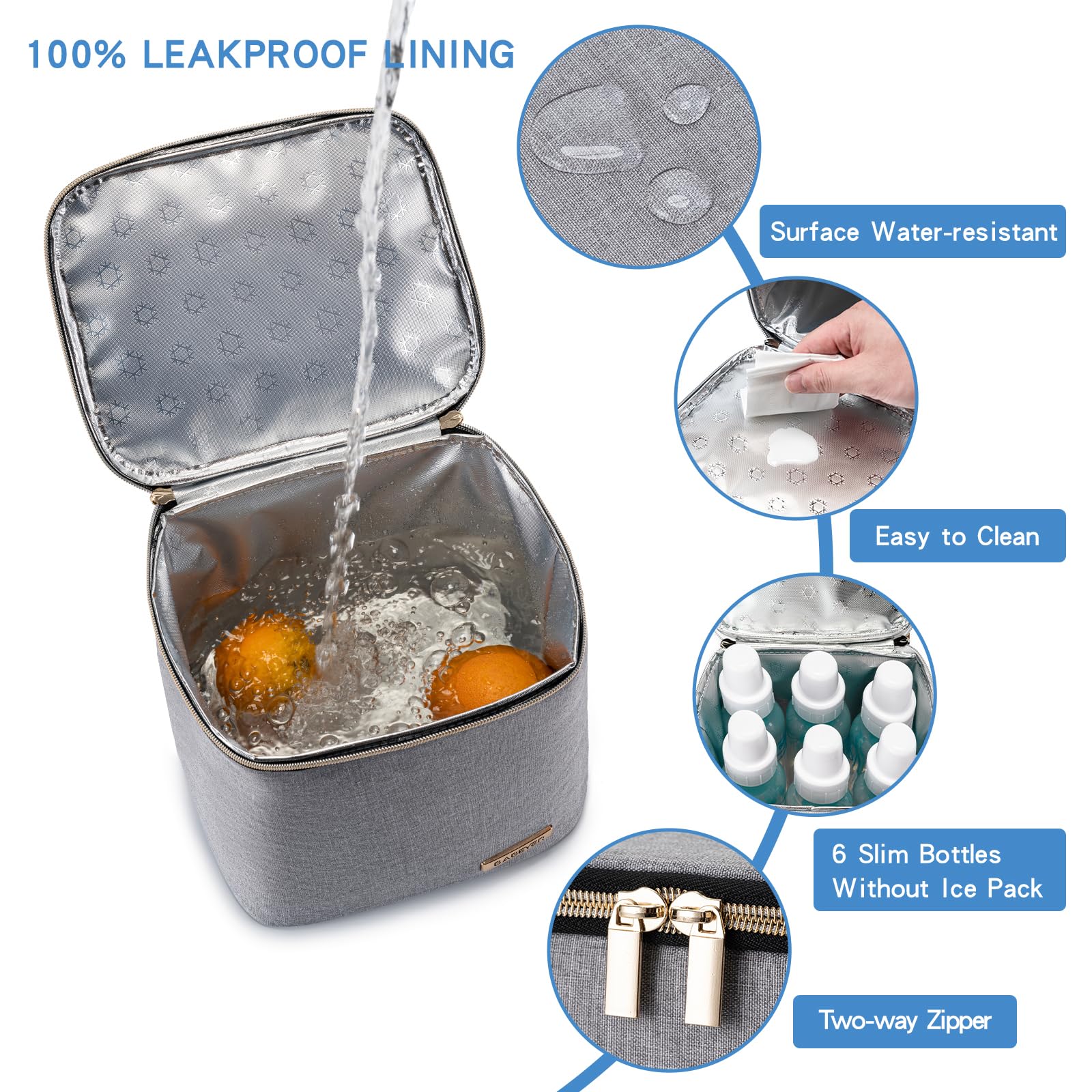 BABEYER insulated bottle bag shows capacity for four 9oz bottles for daycare use.