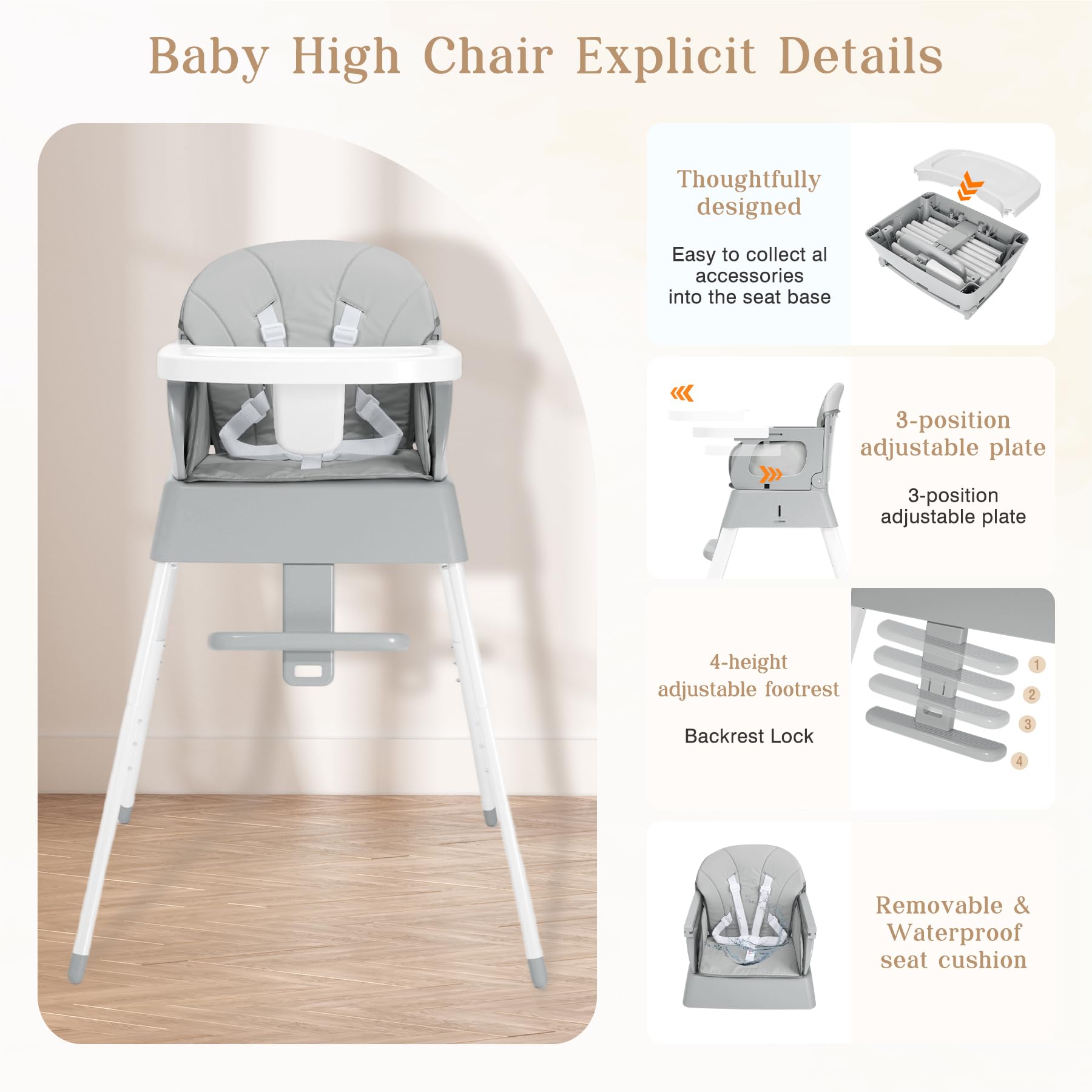 BABHAMNESS 5in1-foldable-high-chair-removable-tray-grey makes quick cleanup during messy meals