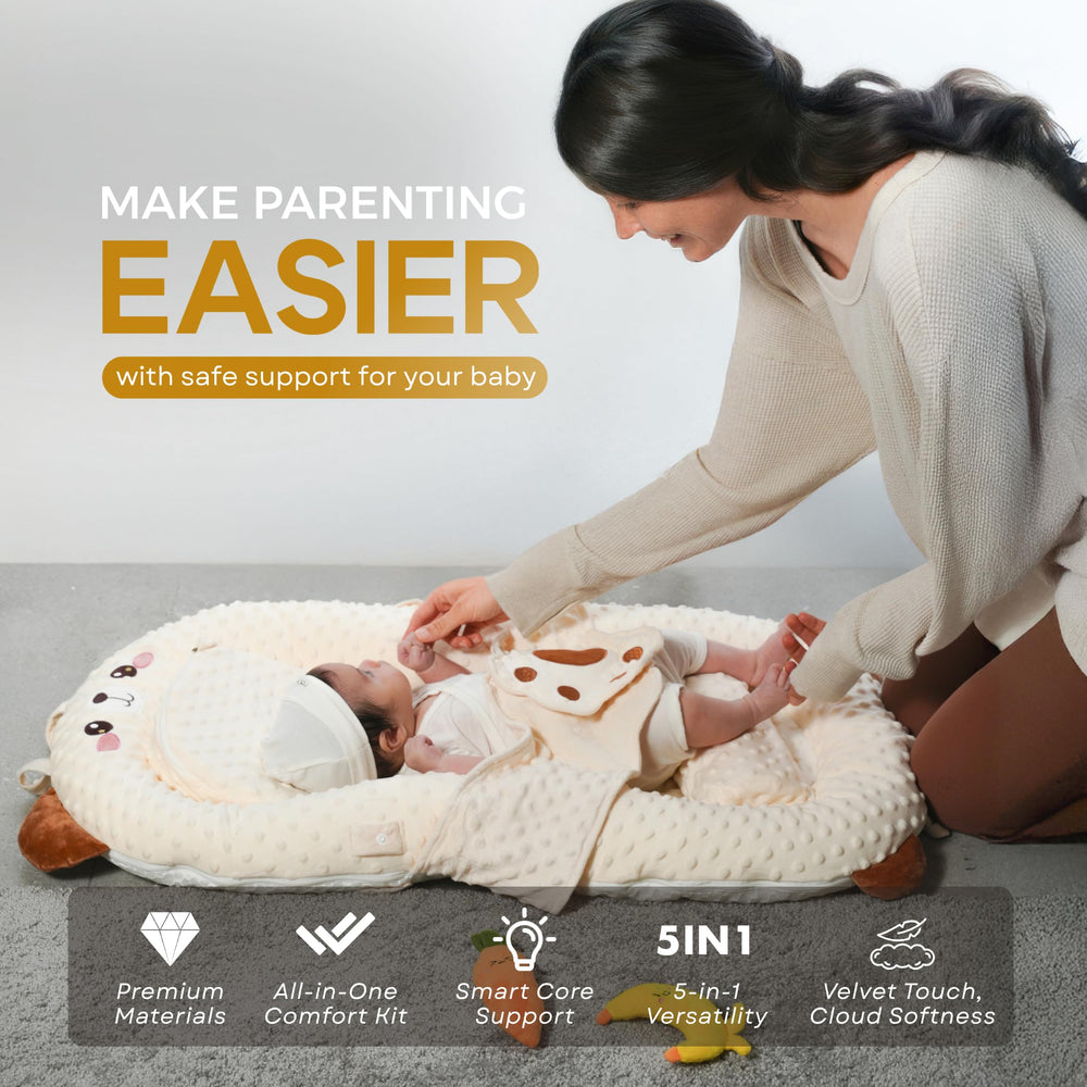 BabieBoo baby lounger infant nest with cushioned sides supports tummy time and supervised play.