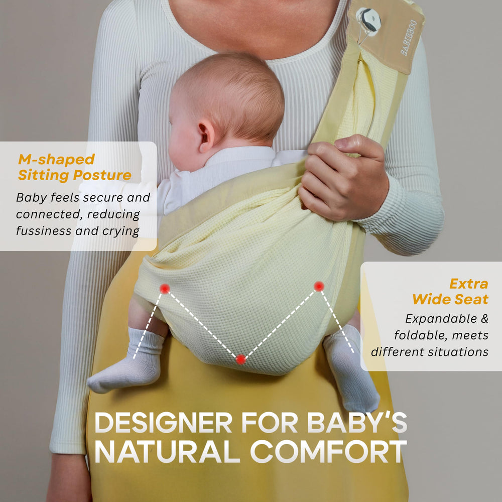 BabieBoo newborn-friendly beige sling image emphasizes gentle support from day one