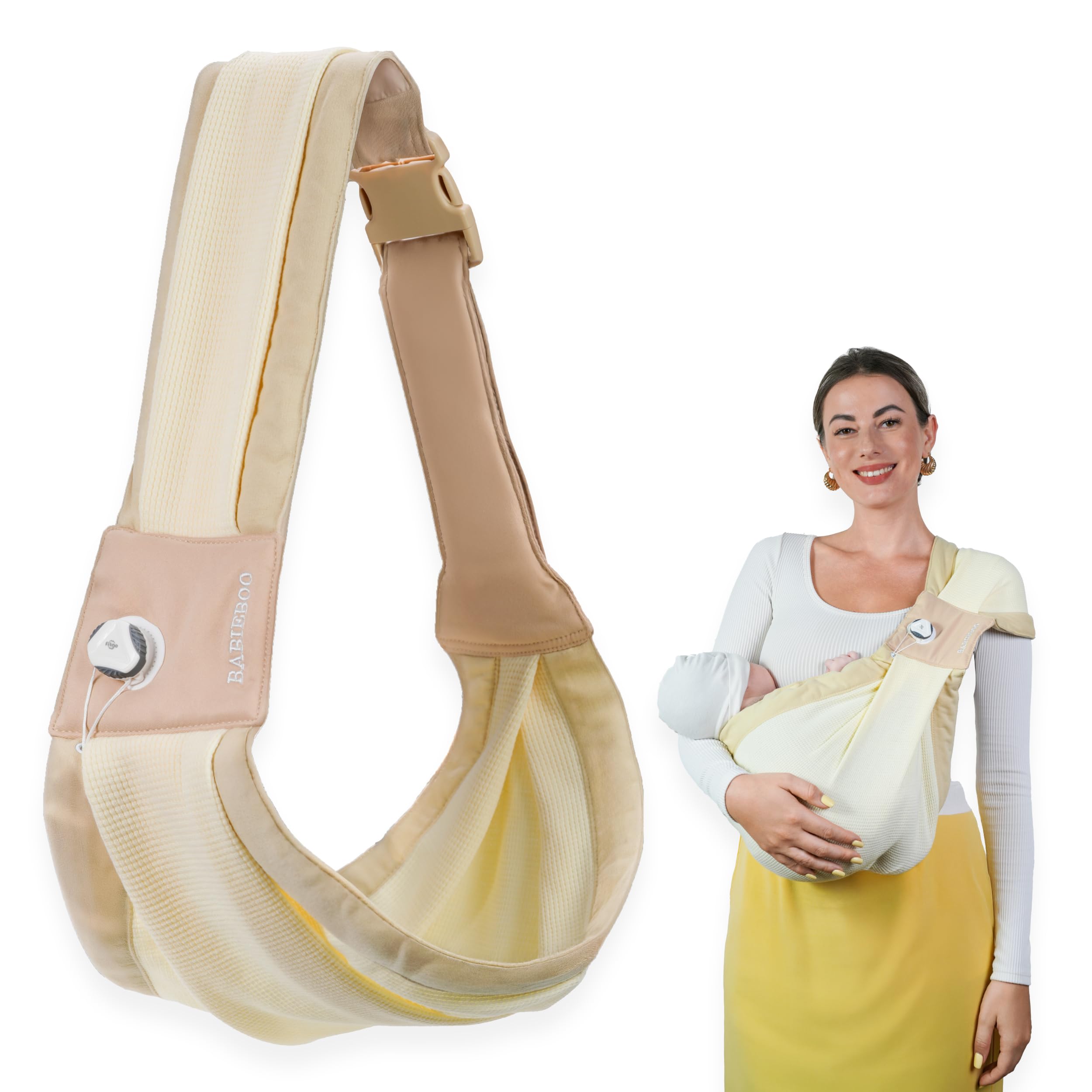 BabieBoo beige sling side view showing hands-free everyday comfort