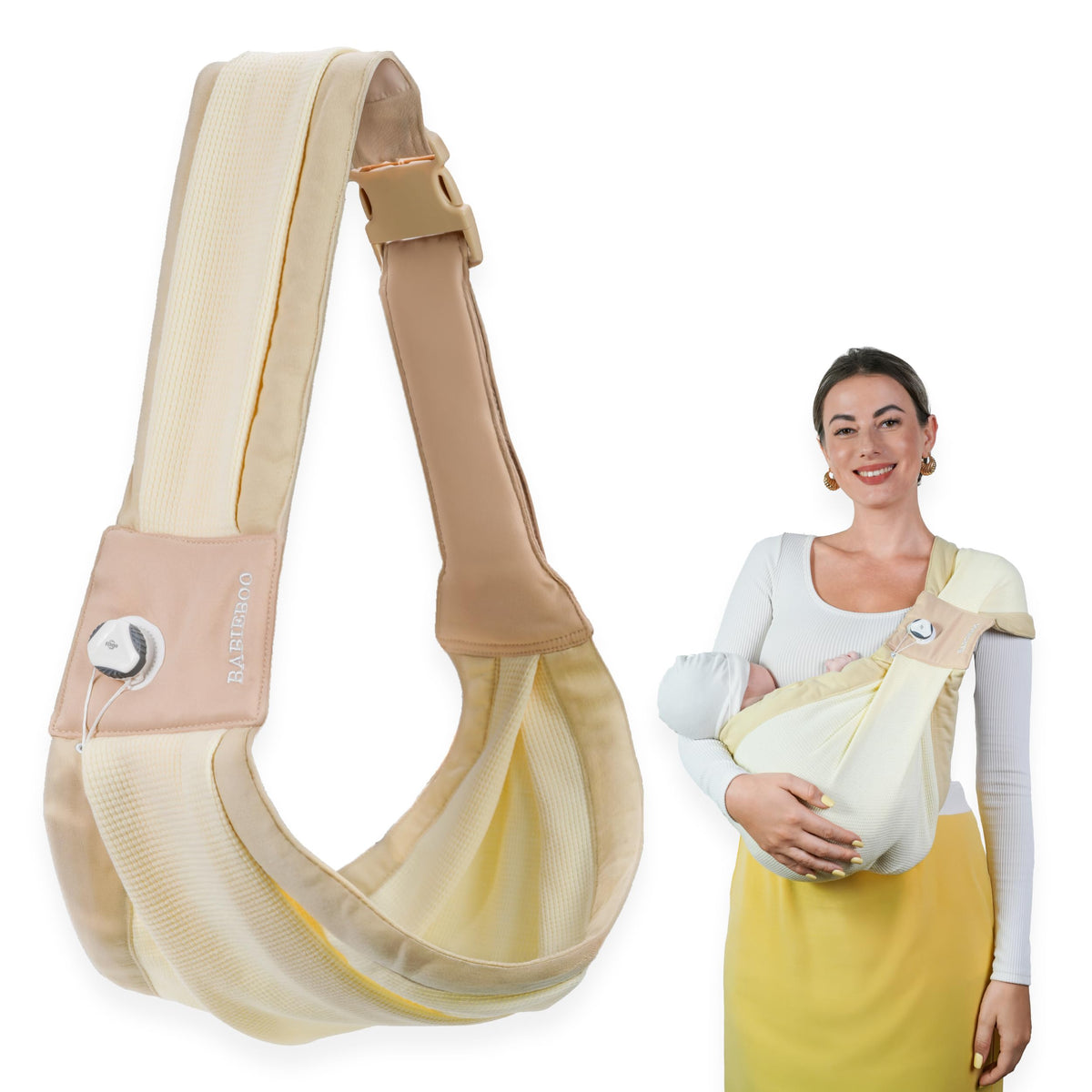 BabieBoo beige sling side view showing hands-free everyday comfort