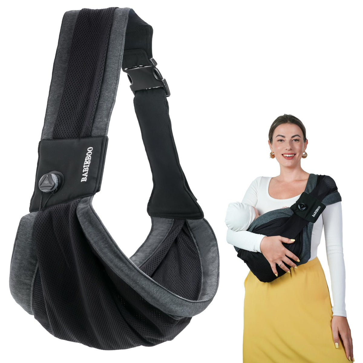 BabieBoo baby sling carrier in side-carry position for comfortable daily outings