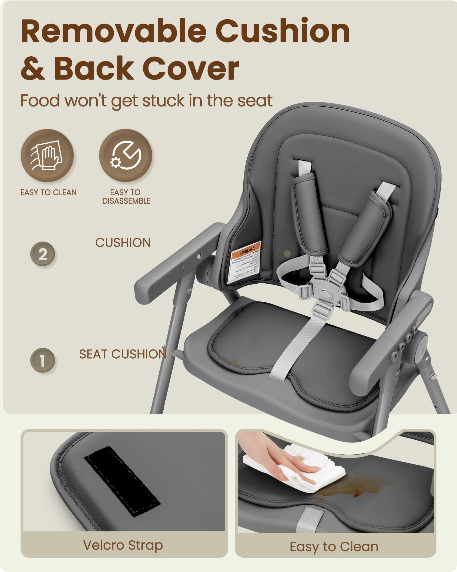 Babilous foldable high chair with dishwasher-safe tray for quick cleanup after meals.
