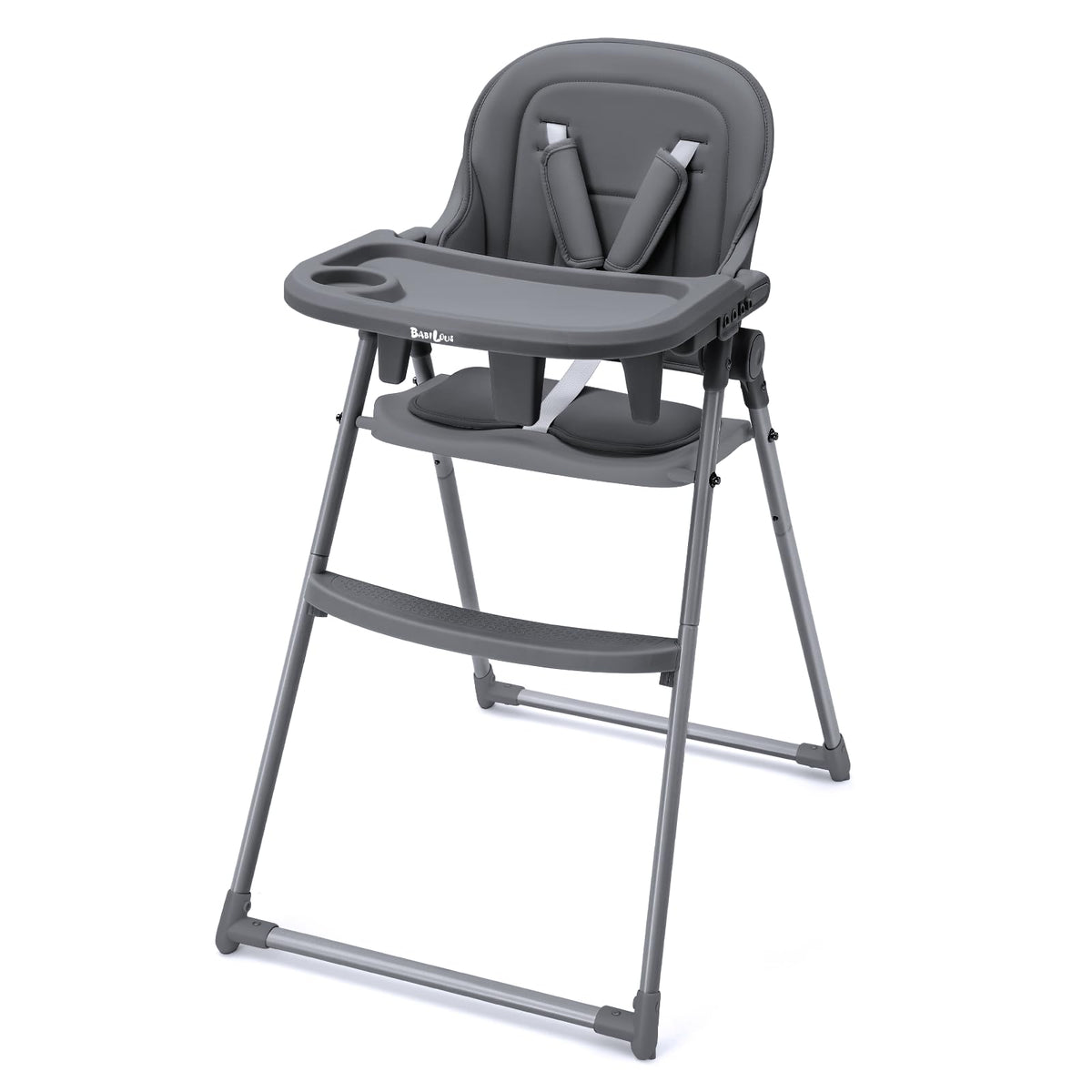 Babilous foldable high chair folded for compact storage in small kitchens.