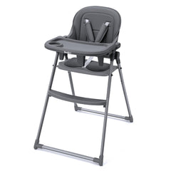 Babilous foldable high chair folded for compact storage in small kitchens.