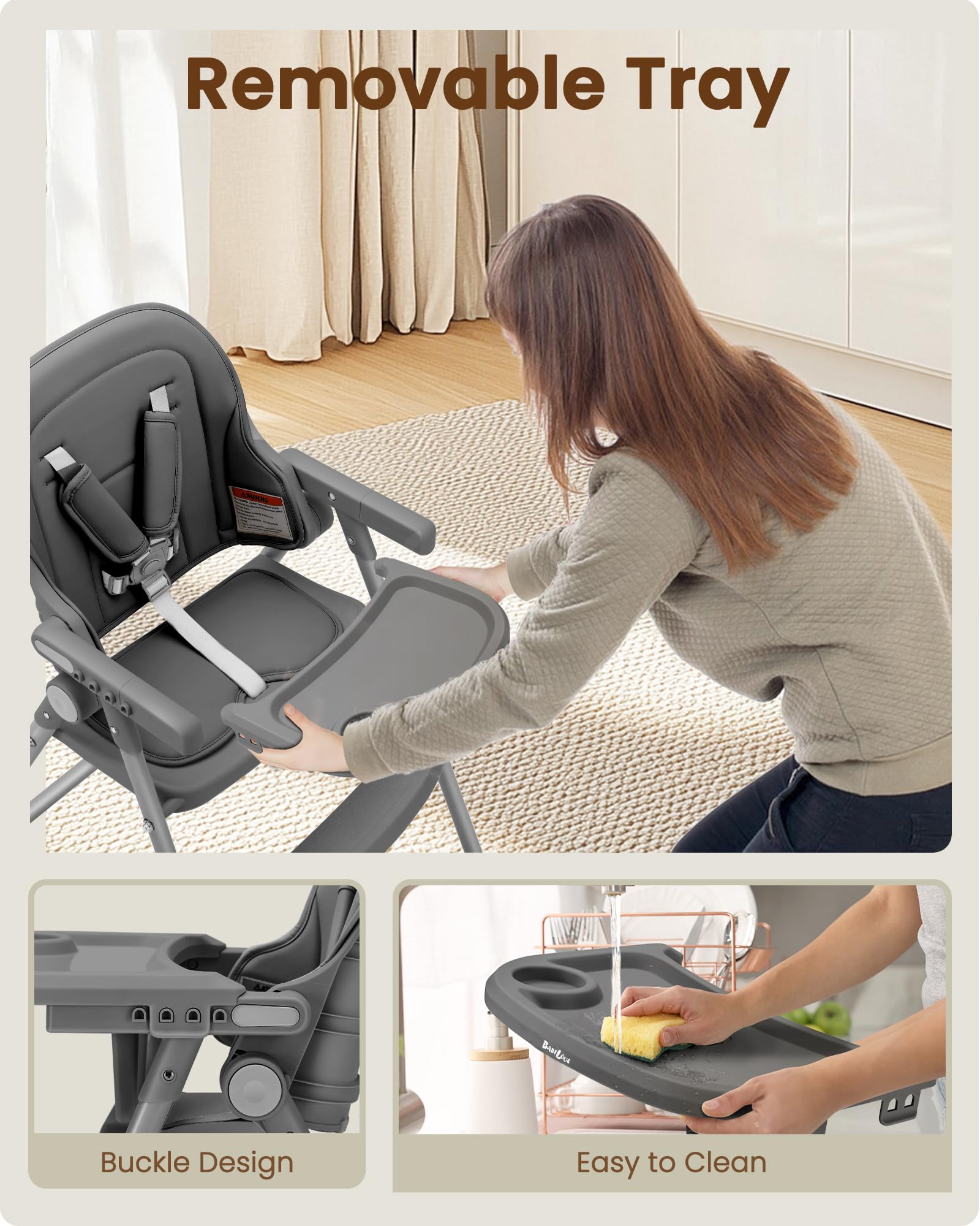 Babilous foldable high chair with secure 5-point harness for toddler safety.