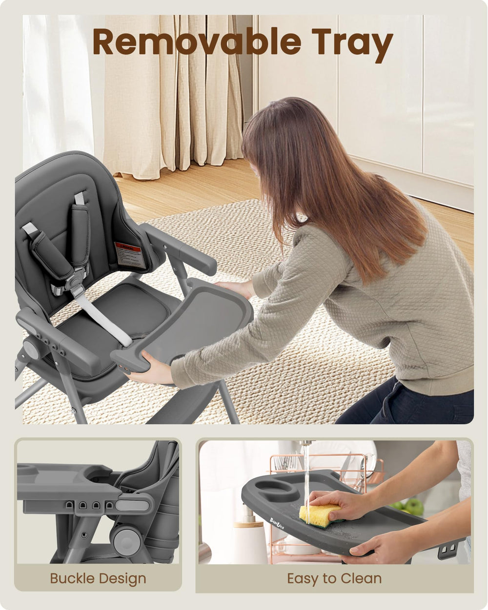 Babilous foldable high chair with secure 5-point harness for toddler safety.