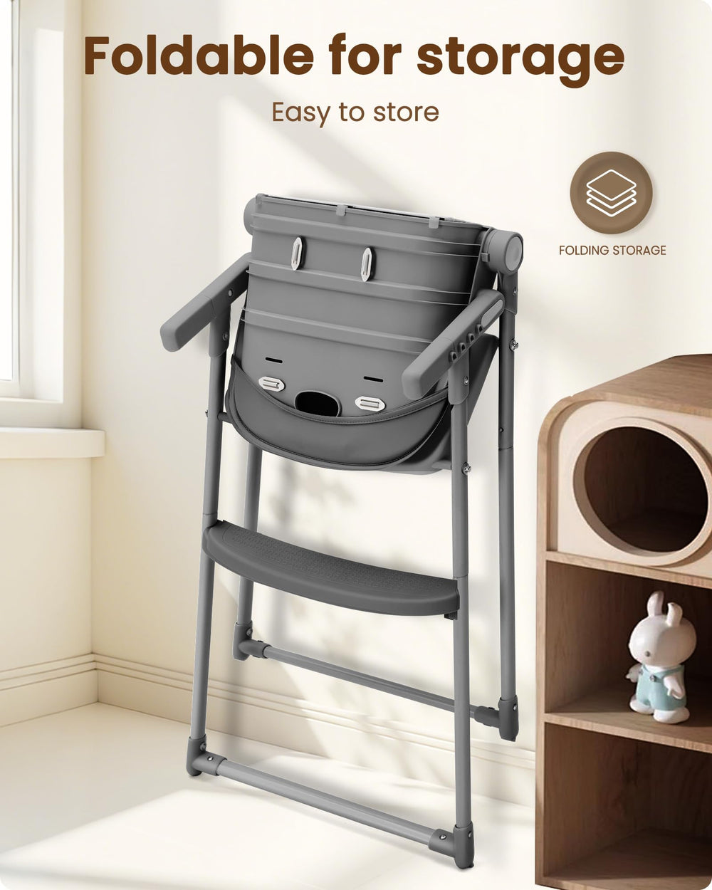 Babilous foldable high chair removable seat and backrest for easy cleaning.