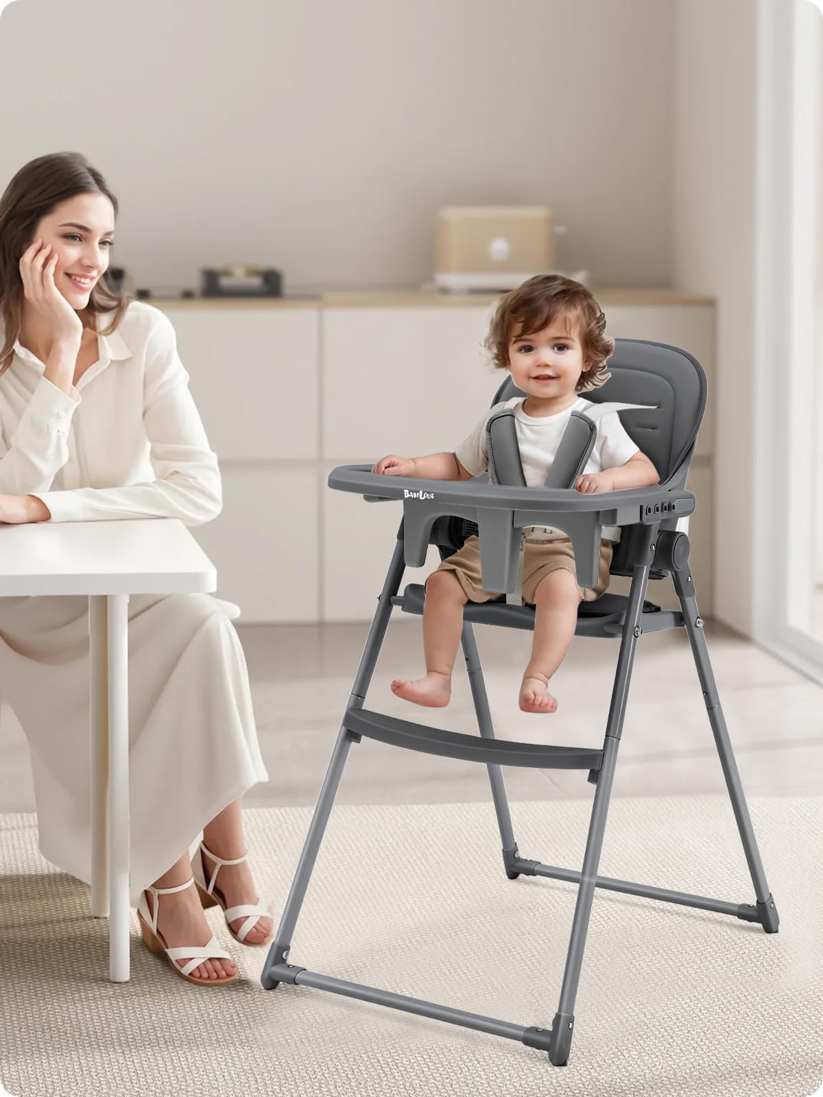 Babilous foldable high chair folds in seconds for easy storage or transport.