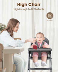 Babilous foldable high chair tray in three positions for flexible mealtime.