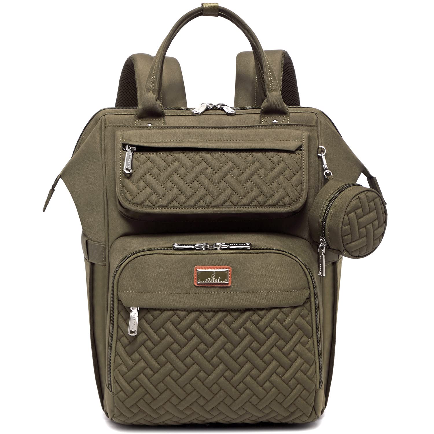 BabbleRoo army green diaper bag backpack front view shows roomy compartments for baby gear.