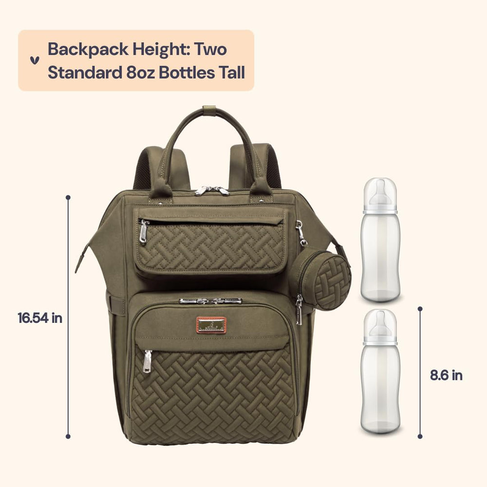 BabbleRoo army green diaper bag backpack with stroller clips for hands-free outings.