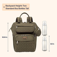 BabbleRoo army green diaper bag backpack with stroller clips for hands-free outings.