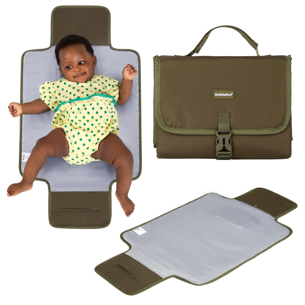 BabbleRoo army-green changing pad folded for ultra-portable on-the-go diaper changes.