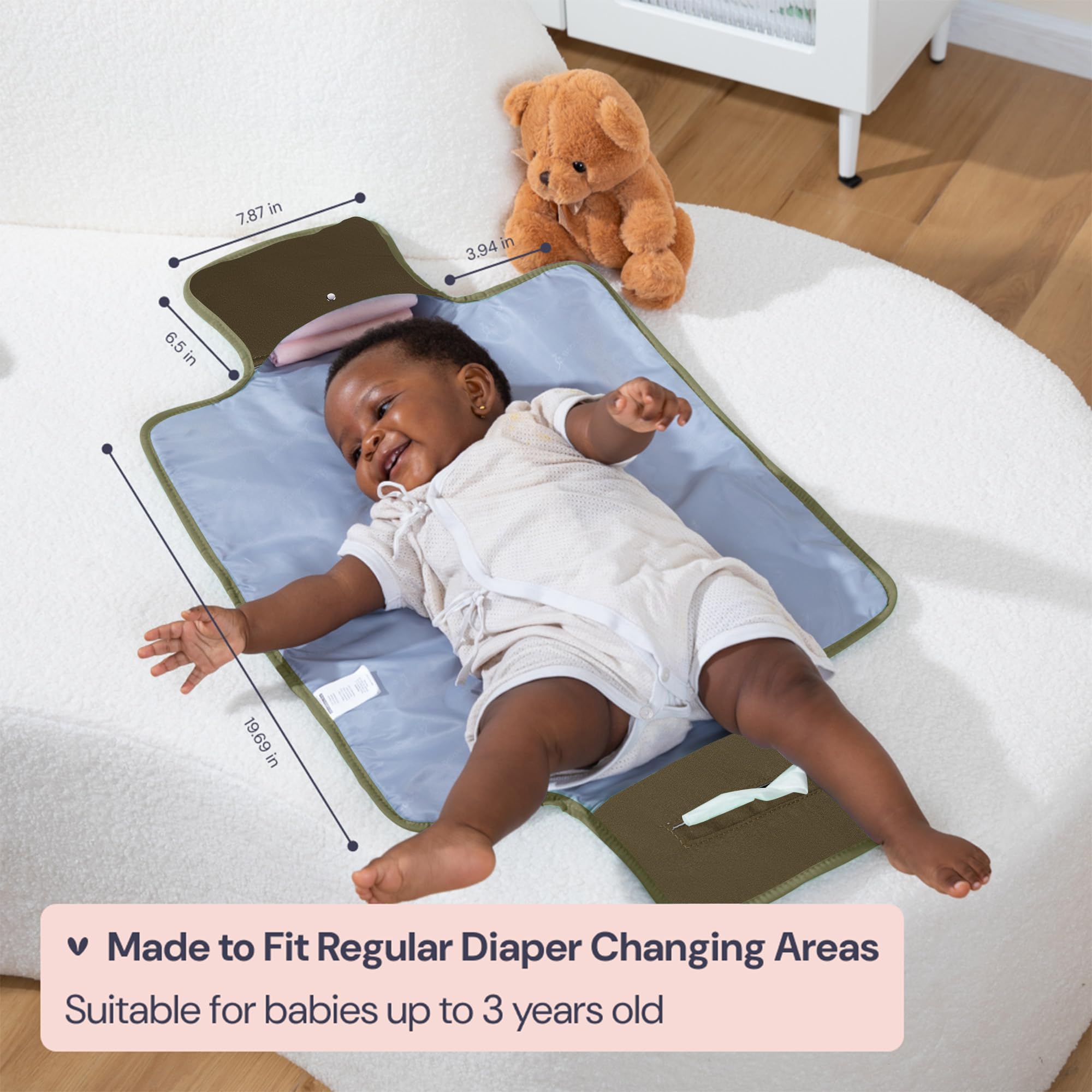 BabbleRoo head-support feature cushions baby during changes.