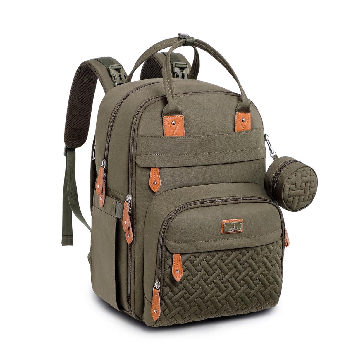 Bableroo diaper bag army green front view shows organized travel-ready storage.