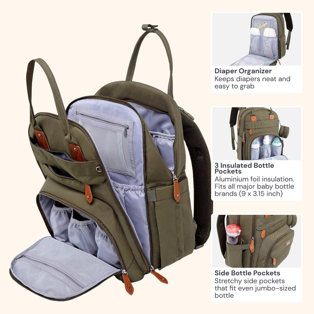 Bableroo army green stroller clip attached for hands-free travel.
