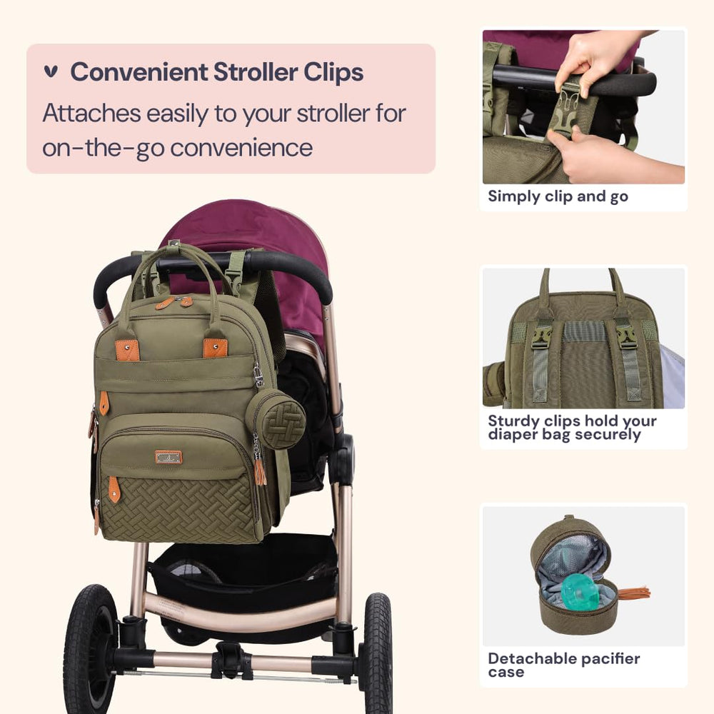 Bableroo army green wipe pocket for quick cleaning on outings.
