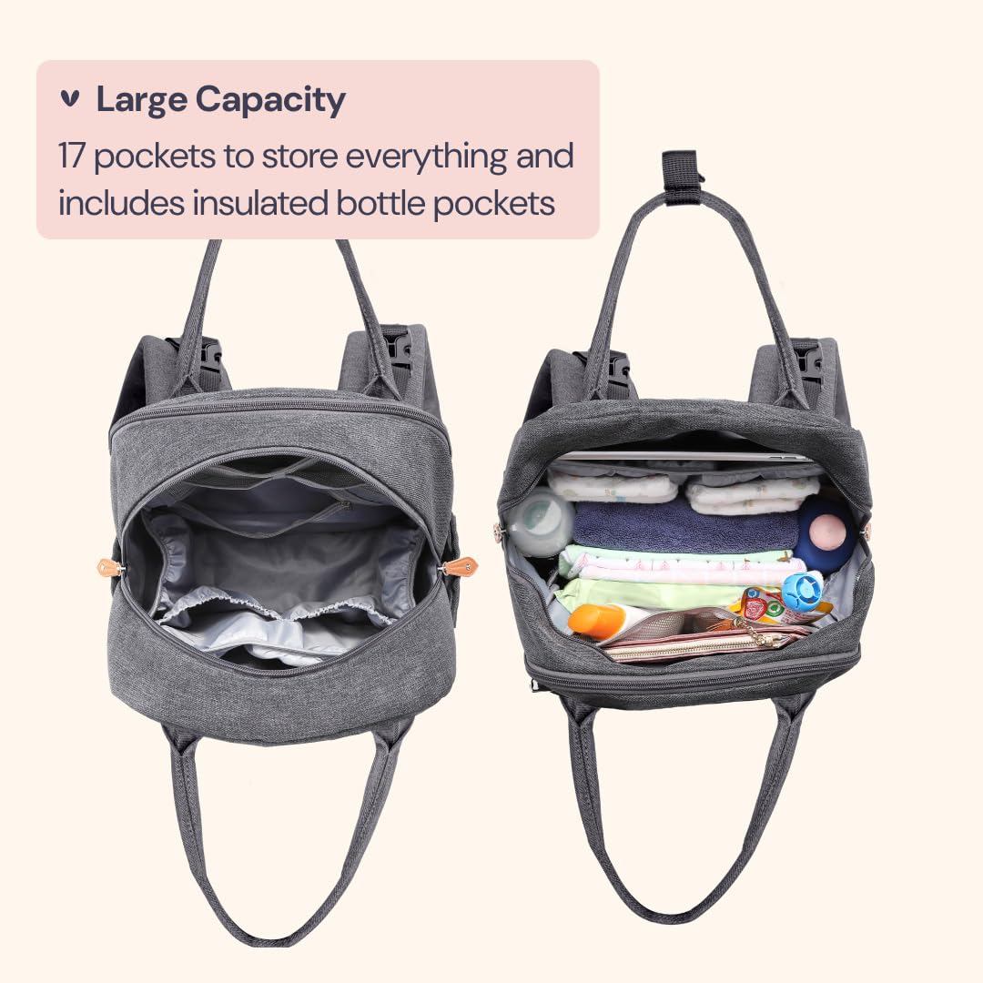 BabbleRoo diaper bag backpack showing 19 pockets for organized essentials