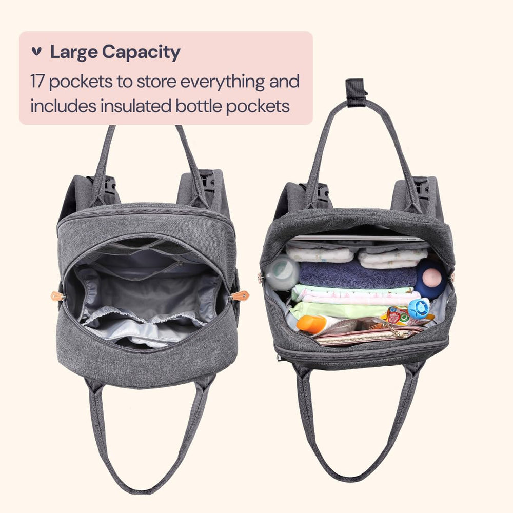BabbleRoo diaper bag backpack showing 19 pockets for organized essentials