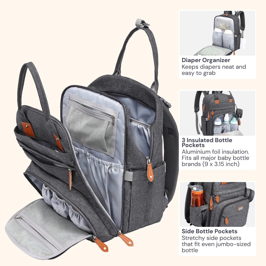 BabbleRoo diaper bag backpack interior with insulated bottle pockets