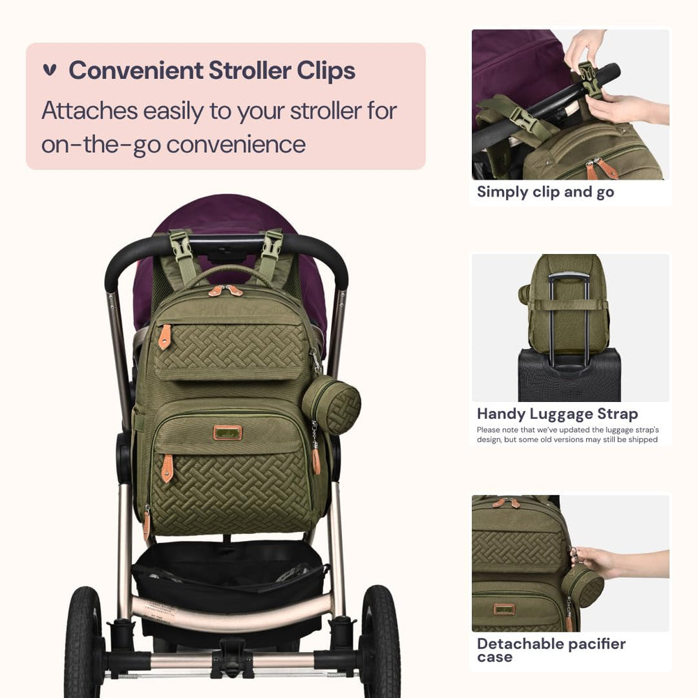 BabbleRoo diaper bag backpack wipes pocket keeps wipes within easy reach.