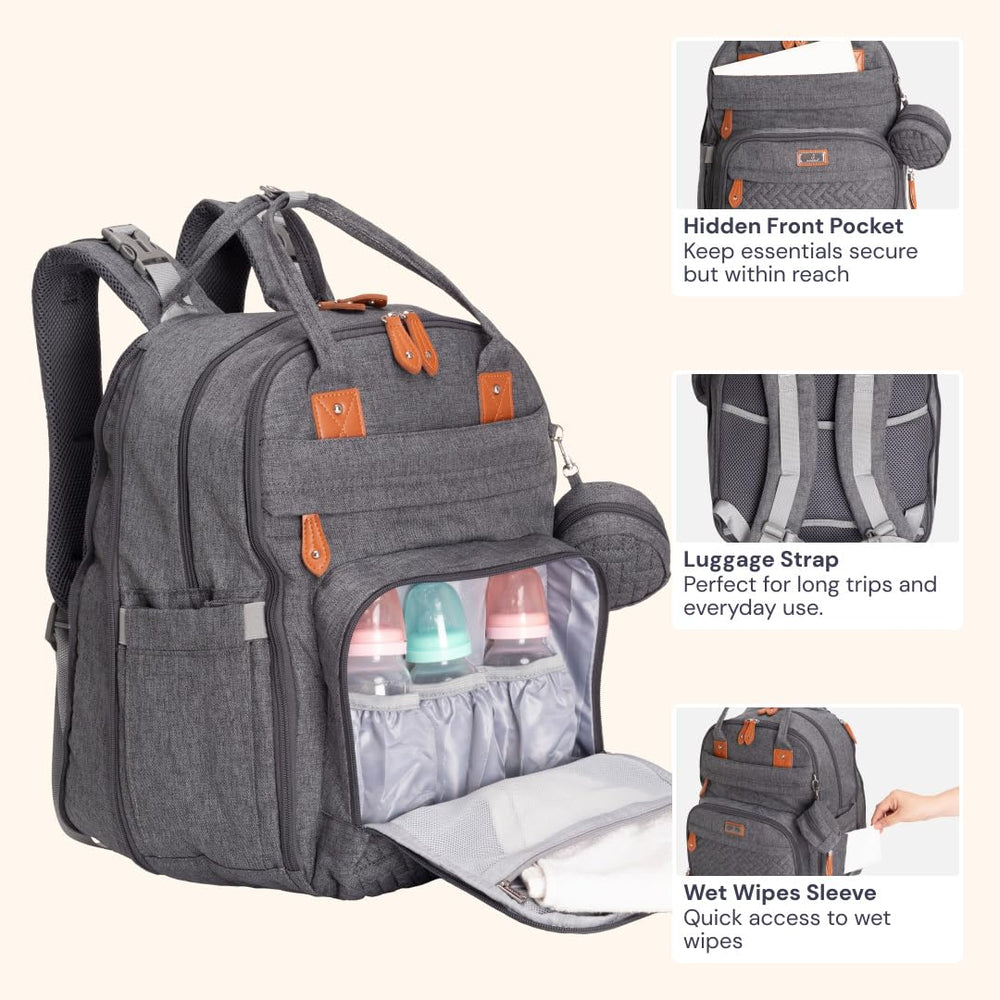 Bableroo stroller clips attach bag securely to a stroller for hands-free travel.