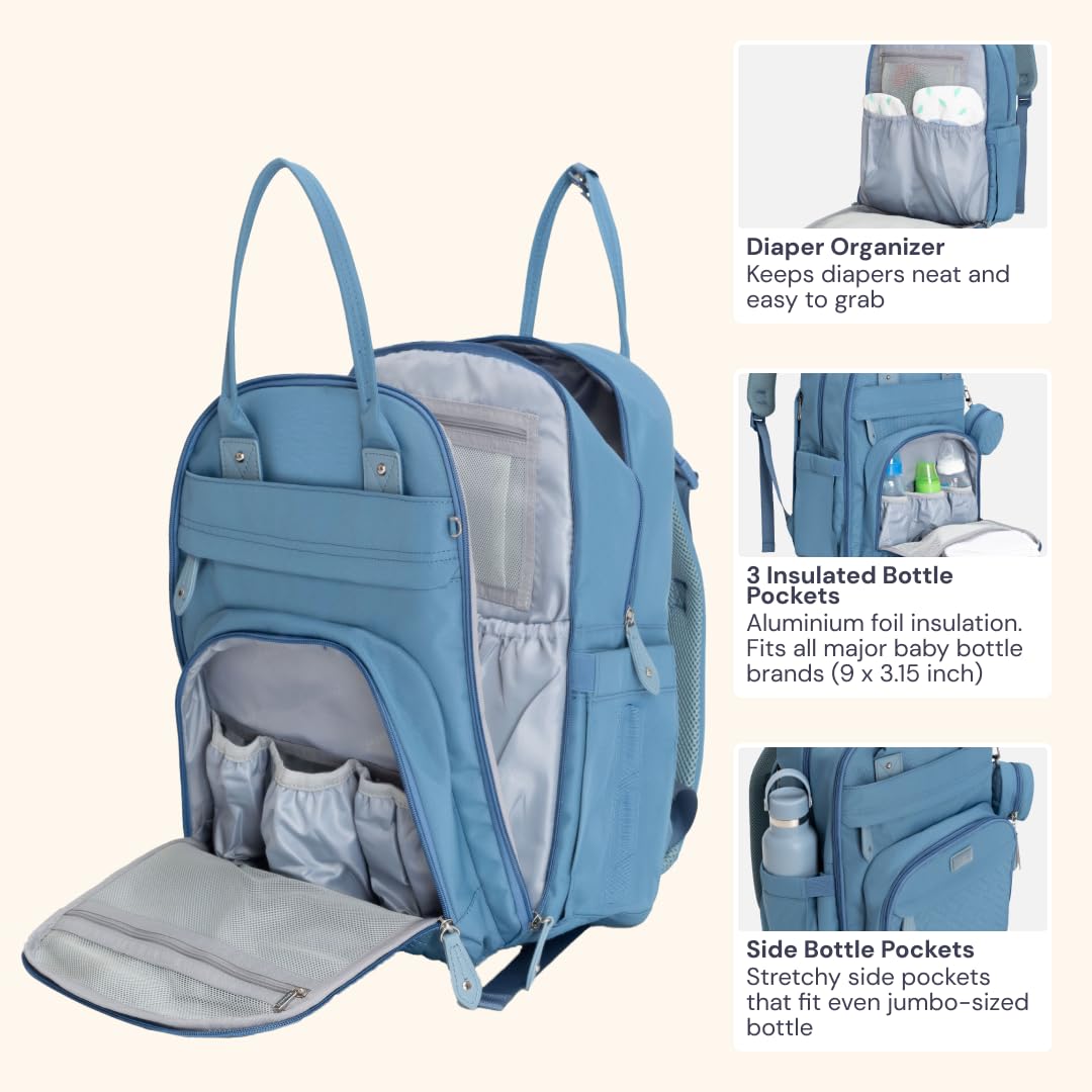 BabbleRoo diaper bag stroller clips enable hands-free travel with the bag attached.