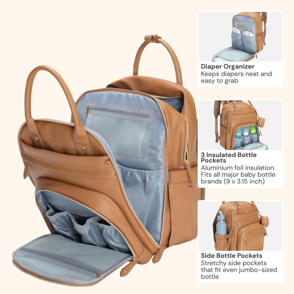 BabbleRoo leather diaper bag interior highlights 19 pockets and insulated bottle holders.