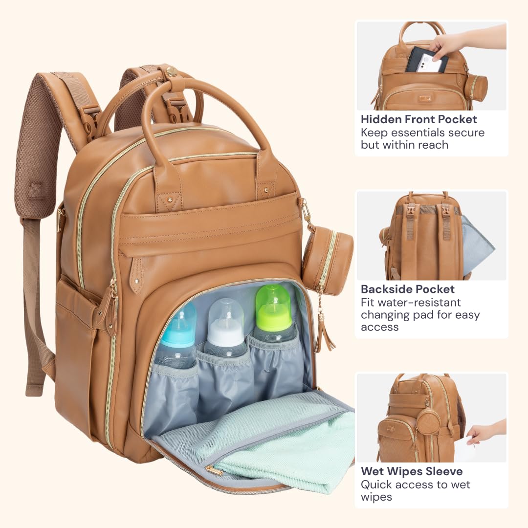 BabbleRoo leather diaper bag backpack laptop compartment ideal for travel or work.