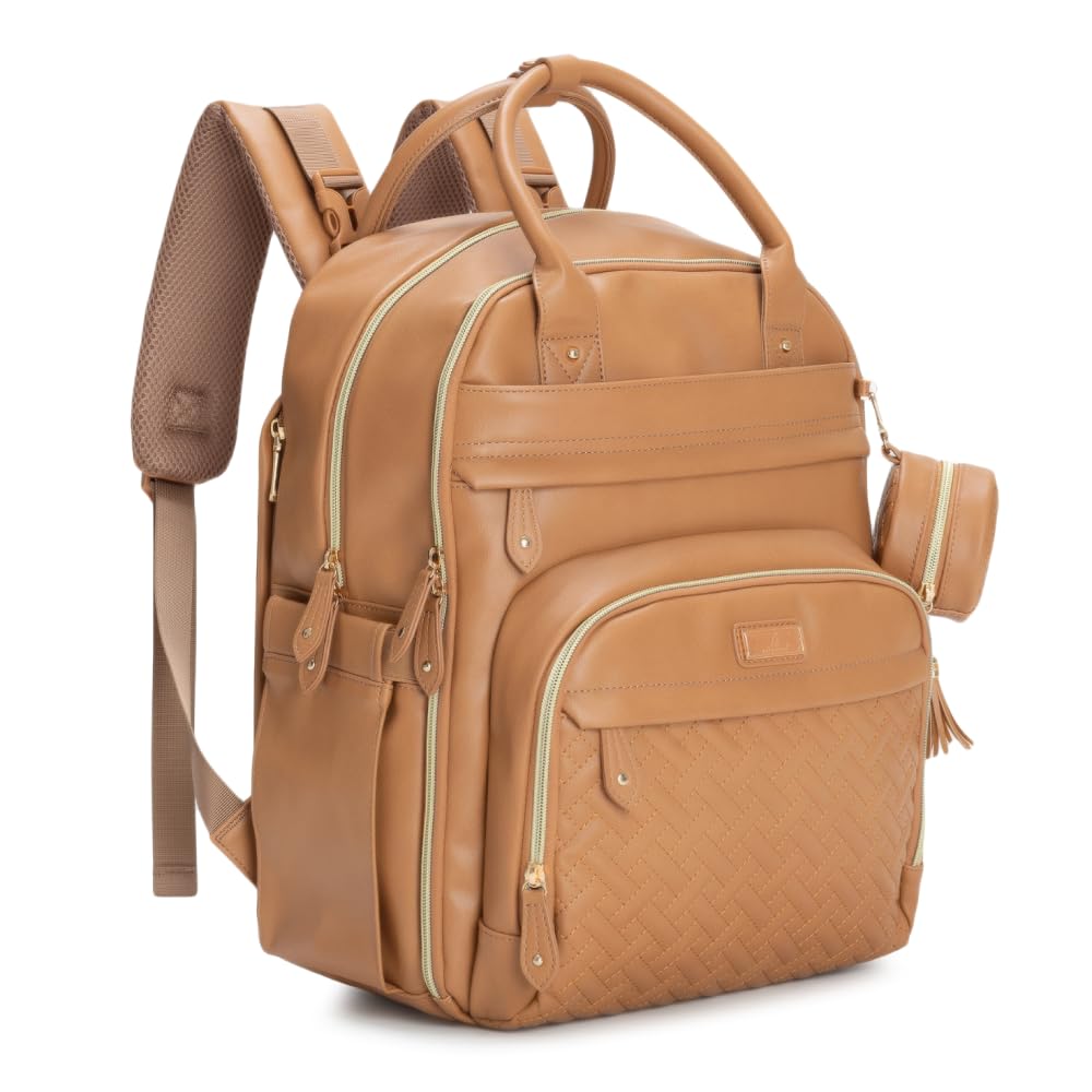 BabbleRoo leather diaper bag backpack outer view shows durable, water-resistant exterior and organized pockets.