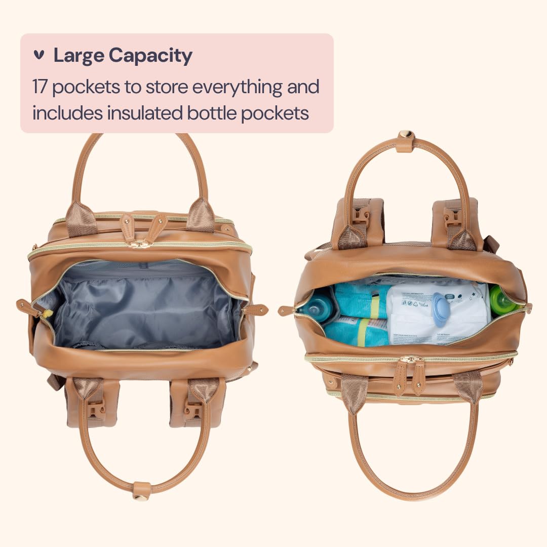 BabbleRoo leather diaper bag backpack with stroller straps for hands-free travel.