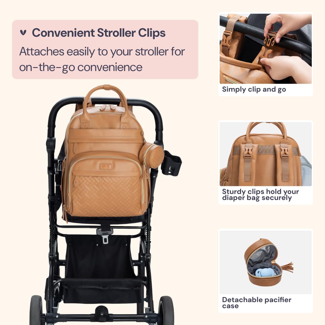 BabbleRoo leather diaper bag backpack wipe pocket for quick-access care items.