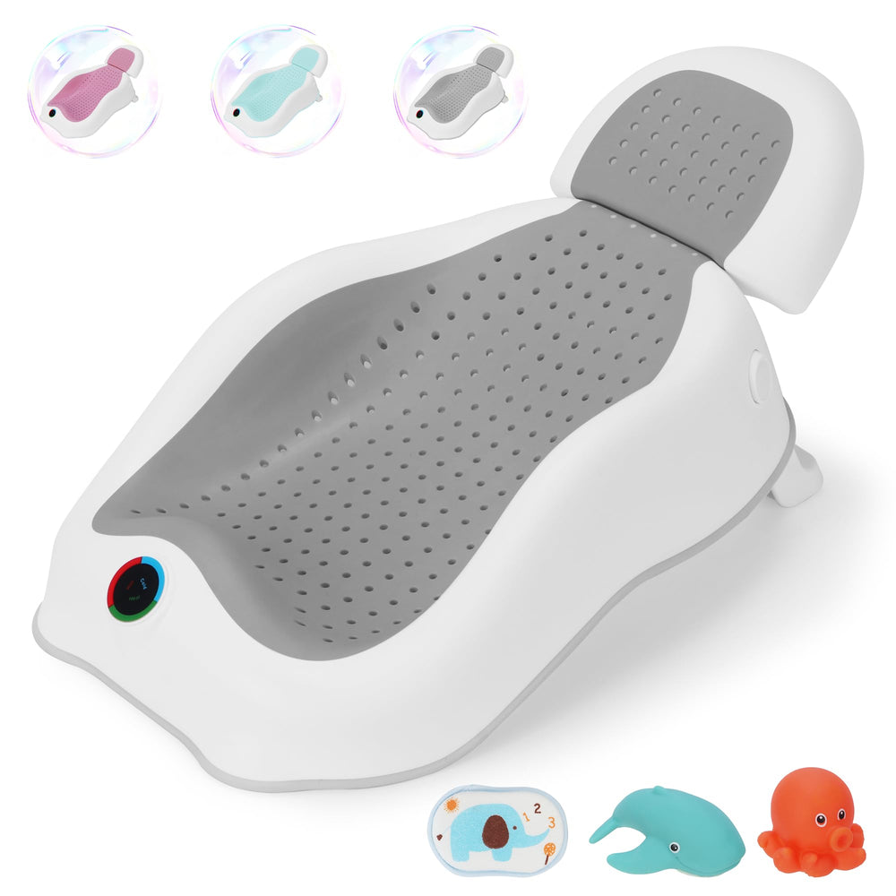 Babove baby bath support with thermometer card maintains safe water temperature for newborn baths.