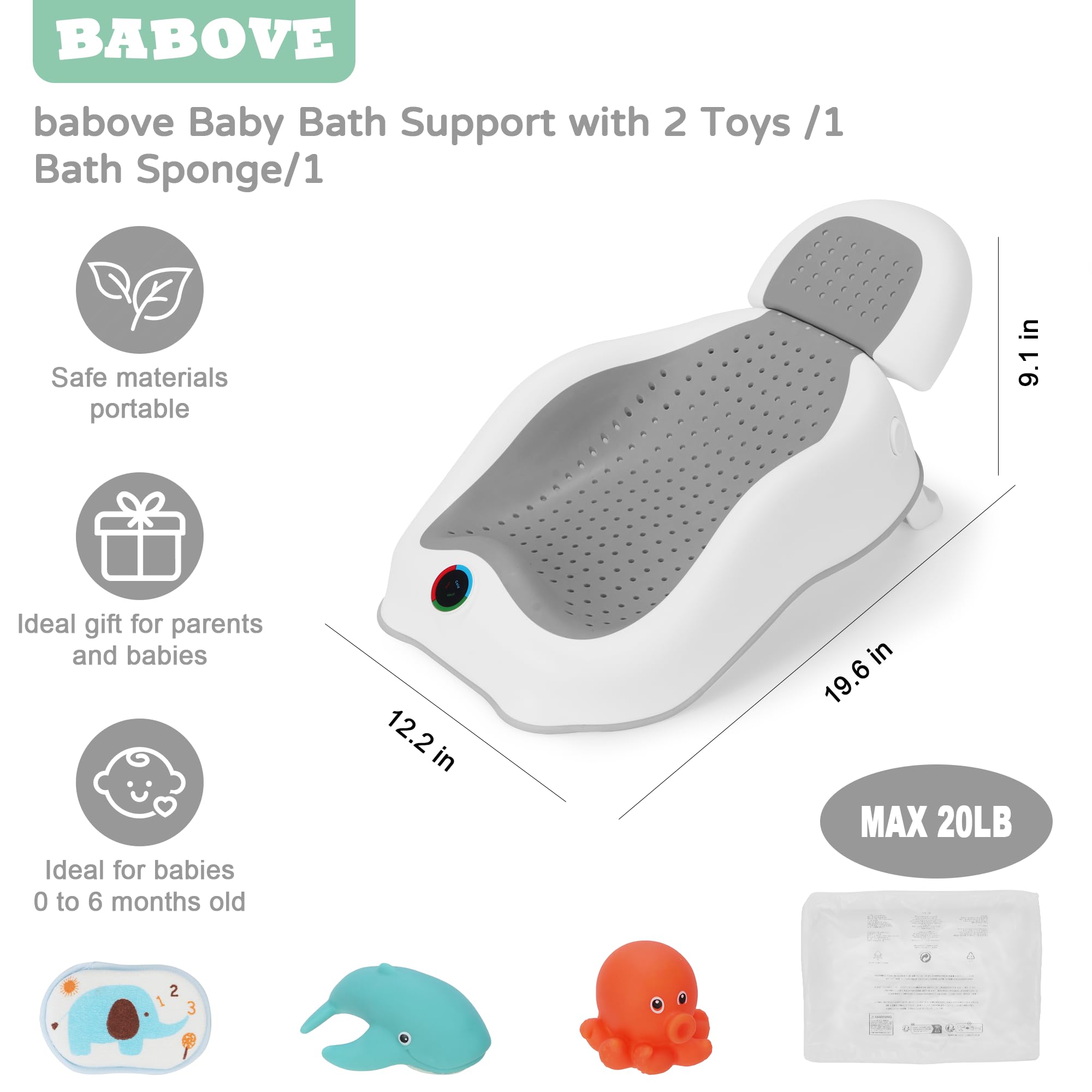 Babove baby bath support two-position tilt adjusts for baby's comfort during baths.