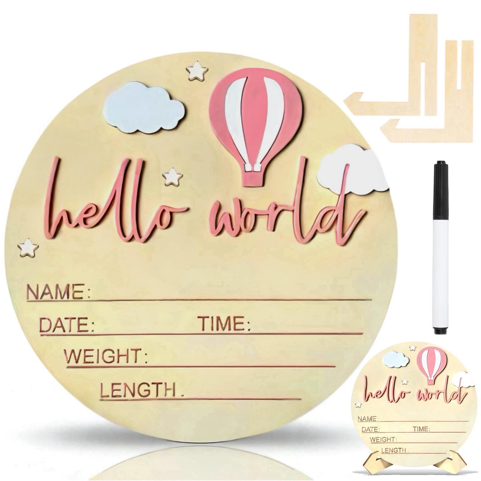 Baby Announcement Sign with pink hot-air balloon, Hello World display for nursery.
