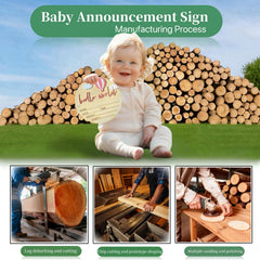 Wooden stand supporting the Baby Announcement Sign on a shelf.