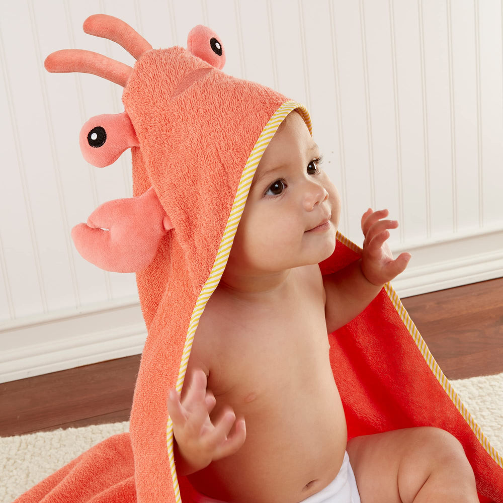 Baby Aspen Lobster Laughs hooded towel coral fabric offers soft absorbent comfort.