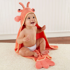 Baby Aspen Lobster Laughs hooded towel front view for cozy bath-time fun.