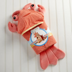 Baby Aspen Lobster Laughs hooded towel hood detail highlights a 3-D lobster character.