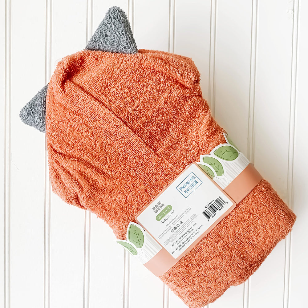 Baby Aspen Rub-a-dub Fox Hooded Towel after-bath use demonstrates quick-dry care.